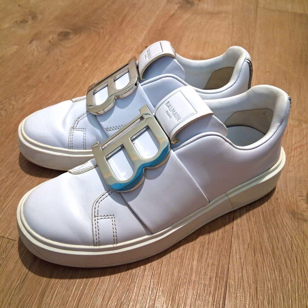 Balmain White Leather Low-Top Sneakers w/ Logo Buckle Strap EU 35 US 5